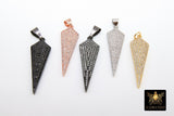 CZ Pave Gold Arrowhead Charm Pendants, Black Arrow Spike Point Charms #414, Rose 11 x 35 mm Silver Triangle