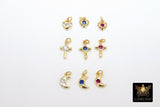 CZ Gold Cross Charms, 2 Pc Heart and Moon in Red Dangle, Clear or Blue CZ Cross Charm #2548