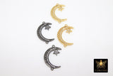 CZ Micro Pave Crescent Moon Star Connectors, 2 Loops Bead Links for Jewelry #199, Gold or Black Cubic Zirconia Star Pendant