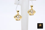 CZ Gold Round Charm with Rings, Cubic Zirconia Crown Pendant #2619, Heart with Moving CZ Dangle
