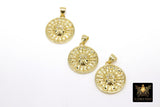 Gold Sun Coin Charm, CZ Pave 18 mm Round Disc Charms #2620, Sunshine Circle Charms for Bracelets