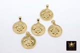 Gold Sun Coin Charm, CZ Pave 18 mm Round Disc Charms #2620, Sunshine Circle Charms for Bracelets