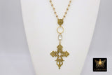 Gold Cross Necklace, Smoky or Black Rosary Chain With Gold Brass Ethiopian Cross, Long Rosary Necklaces