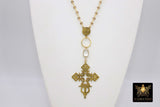 Gold Rosary Cross Necklace, Black Rosary Chain With Gold Brass Ethiopian Cross, Long Smoky Grey Rosary Necklaces