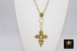 Gold Cross Necklace, Black Rosary Chain With Gold Brass Ethiopian Cross, Long Smoky Grey Rosary Necklaces