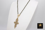 Gold Cross Necklace, Smoky or Black Rosary Chain With Gold Brass Ethiopian Cross, Long Rosary Necklaces
