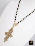 Gold Cross Necklace, Smoky or Black Rosary Chain With Gold Brass Ethiopian Cross, Long Rosary Necklaces