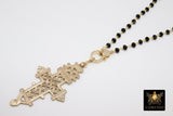 Gold Rosary Cross Necklace, Smoky or Black Rosary Chain With Gold Brass Ethiopian Cross, Long Rosary Necklaces