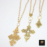 Gold Cross Necklace, Black Rosary Chain With Gold Brass Ethiopian Cross, Long Smoky Grey Rosary Necklaces