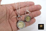 Silver Coin Necklace, 925 Sterling Silver Medallion Toggle Wrap Necklace, Rectangle Chain