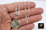 Silver St. Christopher Coin Necklace, 925 Sterling Silver Medallion Protection Toggle Wrap Necklace, Paperclip Rectangle Chain
