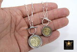 Silver Coin Necklace, 925 Sterling Silver Medallion Toggle Wrap Necklace, Rectangle Chain Tiger or 6 other Gold Coin