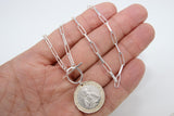 Silver Virgin Mary Coin Necklace, 925 Sterling Silver Medal Toggle Wrap Necklace, Paperclip Rectangle Chain