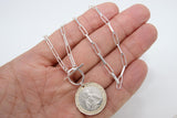 Silver St. Christopher Coin Necklace, 925 Sterling Silver Medallion Protection Toggle Wrap Necklace, Paperclip Rectangle Chain