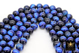 Natural Tiger Eye Beads, Smooth Round Royal Blue and Black Blended Beads BS #1, sizes 8 mm 15.7 inch Strands