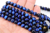 Natural Tiger Eye Beads, Smooth Round Royal Blue and Black Blended Beads BS #1, sizes 8 mm 15.7 inch Strands