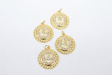 Gold Coin Charm, CZ Pave 19 mm Round Dome Disc Charms #2655, Small Filigree Weave Pattern Circle Charms