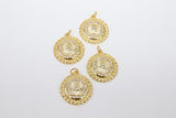 Gold Coin Charm, 4 Styles CZ Pave Round Disc Charms #2655, Athena Owl