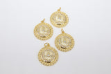 Gold Coin Charm, CZ Pave 19 mm Round Dome Disc Charms #2655, Small Filigree Weave Pattern Circle Charms