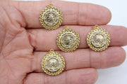 Gold Coin Charm, CZ Pave 19 mm Round Dome Disc Charms #2655, Small Filigree Weave Pattern Circle Charms