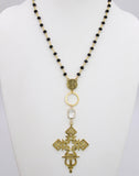 Gold Rosary Cross Necklace, Black Rosary Chain With Gold Brass Ethiopian Cross, Long Smoky Grey Rosary Necklaces