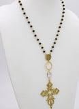 Gold Rosary Cross Necklace, Black Rosary Chain With Gold Brass Ethiopian Cross, Long Smoky Grey Rosary Necklaces