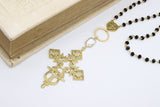 Gold Rosary Cross Necklace, Black Rosary Chain With Gold Brass Ethiopian Cross, Long Smoky Grey Rosary Necklaces