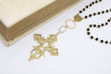 Gold Cross Necklace, Black Rosary Chain With Gold Brass Ethiopian Cross, Long Smoky Grey Rosary Necklaces