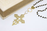 Gold Rosary Cross Necklace, Black Rosary Chain With Gold Brass Ethiopian Cross, Long Smoky Grey Rosary Necklaces