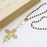 Gold Cross Necklace, Black Rosary Chain With Gold Brass Ethiopian Cross, Long Smoky Grey Rosary Necklaces