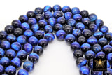 Natural Tiger Eye Beads, Smooth Round Royal Blue and Black Blended Beads BS #1, sizes 8 mm 15.7 inch Strands