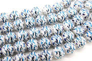 White and Sky Blue Beads, Shimmery Wave Pattern Smooth Tiger Stripe Beads BS #45, sizes 10 mm 11 inch Strands