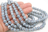 White and Sky Blue Beads, Shimmery Wave Pattern Smooth Tiger Stripe Beads BS #45, sizes 10 mm 11 inch Strands