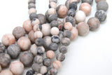 Natural Pink Zebra Frosted Beads, Round Matte Gray and Pink Peach Jasper Beads BS #54, sizes in 6 mm 8 mm 10 mm 15.5 inch FULL Strands