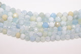 Natural Aquamarine Faceted Beads, Diamond Cut Round Light Blue and White BS #57, sizes in 6 mm 8 mm 10 mm 15.5 inch FULL Strands