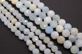 Natural Aquamarine Faceted Beads, Diamond Cut Round Light Blue and White BS# 57, sizes in 6 mm 8 mm 10 mm 7.5 inch FULL Strands