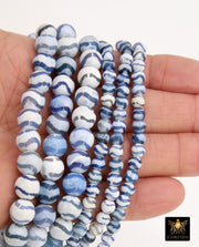 DZI Blue White Stripe Beads, Natural Tibetian Smooth Wavy Round Beads BS #5, sizes 6 mm or 10 mm 15 inch Strands