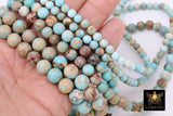 Natural Imperial Blue Opal Jasper Beads, Round Marbleized Aqua and Beige Cream Beads BS #20, size 8 mm 15.7 in FULL Strand