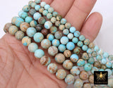 Natural Imperial Blue Opal Jasper Beads, Round Marbleized Aqua and Beige Cream Beads BS #20, size 8 mm 15.7 in FULL Strand