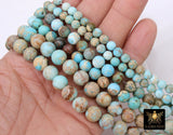 Natural Imperial Blue Opal Jasper Beads, Round Marbleized Aqua and Beige Cream Beads BS# 20, size 8 mm 15.7 in FULL Strand