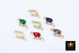 Gold Teardrop Connectors, 2 Pcs CZ Colorful Oval Links # 2557, Open Loops in Red Pink Blue Green Aqua Purple Crystals