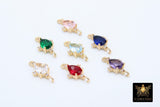 Gold Teardrop Connectors, 2 Pcs CZ Colorful Oval Links #2557, Open Loops in Red Pink Blue Green Aqua Purple Crystals