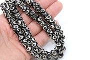 Tibetan DZI Rondelle Agate Beads, Large Round Flat Black and Creamy White Boho Beads BS #64, Size 7~8 x 11~12.5 mm