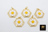 Gold Daisy Flower Charm, Round Hexagon Yellow and White Charms #2645, Small Size 15 x 17 mm