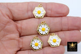 Gold Daisy Flower Charm, Round Hexagon Yellow and White Charms #2645, Small Size 15 x 17 mm