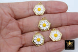 Gold Daisy Flower Charm, Round Hexagon Yellow and White Charms #2645, Small Size 15 x 17 mm