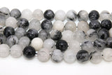 Natural Black Rutilated Quartz Beads Strands, Faceted Black and White Blended Beads BS #83, sizes in 12 mm 8 inch FULL Strands