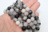 Natural Black Rutilated Quartz Beads Strands, Faceted Black and White Blended Beads BS #83, sizes in 12 mm 8 inch FULL Strands