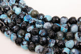 Natural Black and Baby Blue Fire Agate Beads, Faceted Black White Blue Pattern Beads BS #80, sizes in 10 mm 14 inch FULL Strands