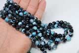 Natural Black and Baby Blue Fire Agate Beads, Faceted Black White Blue Pattern Beads BS #80, sizes in 10 mm 14 inch FULL Strands